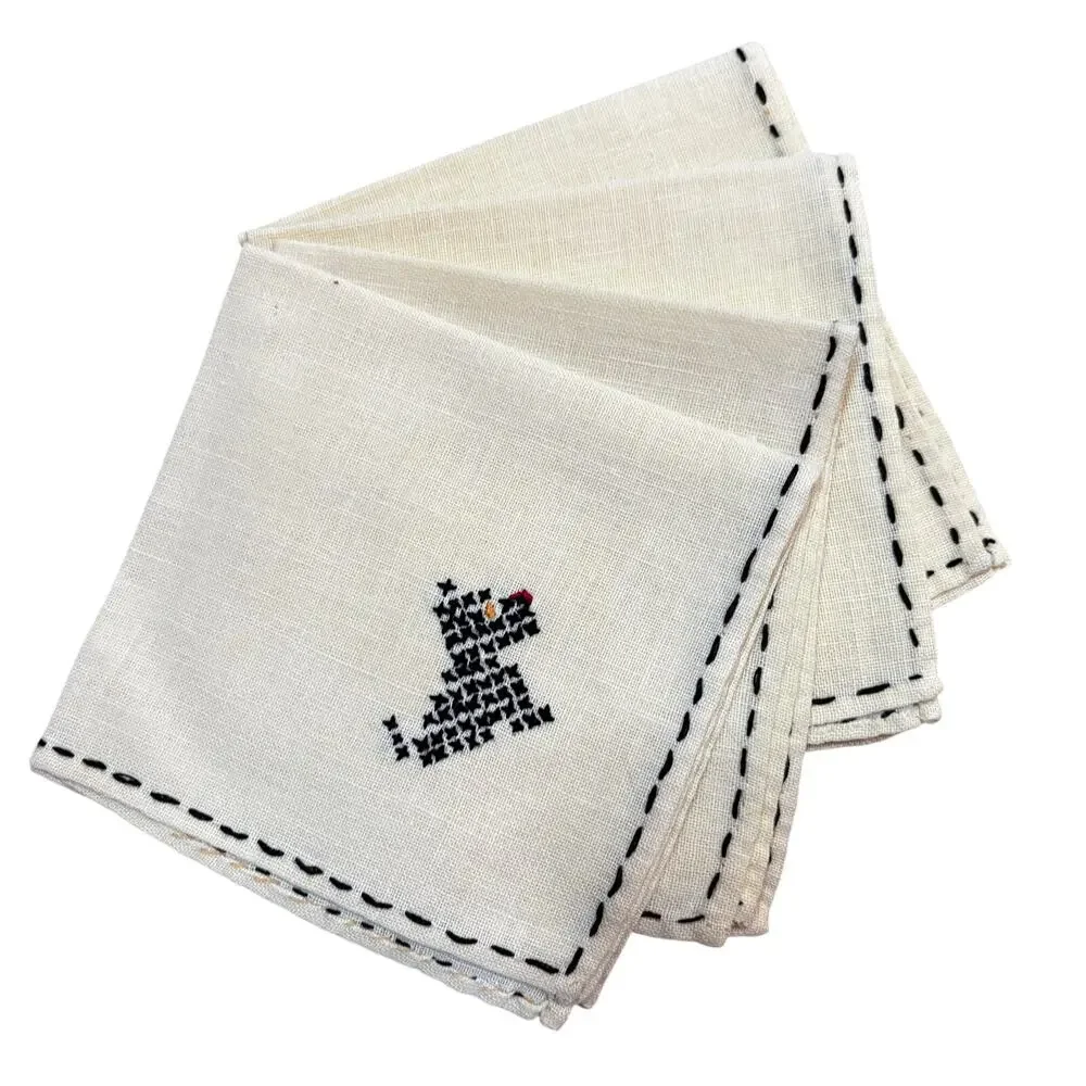 Cocktail napkins (4) YELLOW cotton hand embroidery black Scottish Terriers